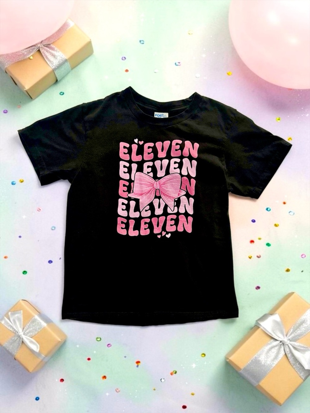 Port & Company Girls Eleven Birthday Bow Graphic Black Tee 9–10